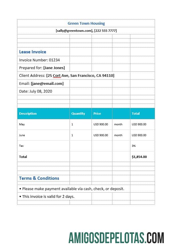 em branco Modelo de fatura de aluguel simples